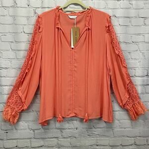 Tendency Tunic Top Women's Size XXL Coral Crinkle Boho Tassel Beachy Lace Ruffle